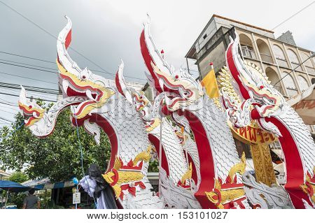 Suratthani, Thailand - October 20, 2016: Details On Ornamented Carriers Of Buddha Images To Be Pulle
