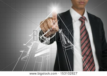 Businessman with 3D abstract wireframe architecture sketch.