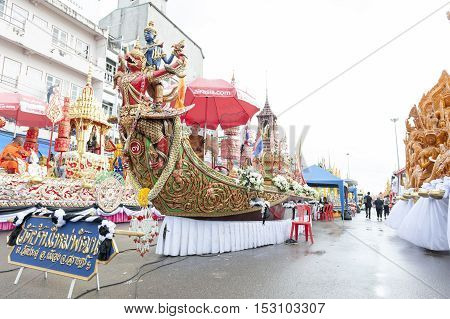 Suratthani, Thailand - October 20, 2016: Ornamented carriers of Buddha images to be pulled across the city during the famous Chak Phra Festival, an annual Buddhist festival to celebrate the return of Buddha from heaven to earth after the end of the three-