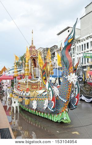 Suratthani, Thailand - October 20, 2016: Ornamented carriers of Buddha images to be pulled across the city during the famous Chak Phra Festival, an annual Buddhist festival to celebrate the return of Buddha from heaven to earth after the end of the three-