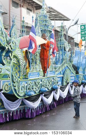 Suratthani, Thailand - October 20, 2016: Ornamented carriers of Buddha images to be pulled across the city during the famous Chak Phra Festival, an annual Buddhist festival to celebrate the return of Buddha from heaven to earth after the end of the three-