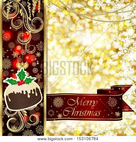Vector Christmas card with Christmas decor, snowflakes on golden and red background.