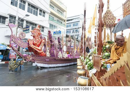 Suratthani, Thailand - October 20, 2016: Ornamented carriers of Buddha images to be pulled across the city during the famous Chak Phra Festival, an annual Buddhist festival to celebrate the return of Buddha from heaven to earth after the end of the three-