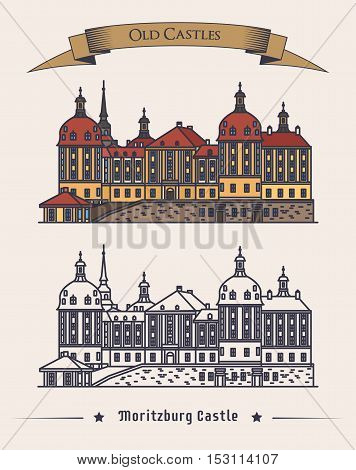 Moritzburg germany castle in saxony exterior or outdoor view. Retro baroque architecture of schloss palace or building. Can be used for old or vintage landmark or history book theme