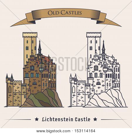 Lichtenstein or fairy tale castle on mountain. Schloss palace medieval architecture in Honau exterior or outdoor view. May be used for retro or old monument or landmark, heraldic theme