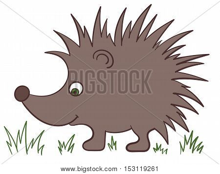 Illustration of a cartoon brown hedgehog with green eyes on the white background