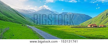 Sno valley boasts beautiful juicy meadows around the mountain Snostskali river running to Terek Kazbegi Georgia.