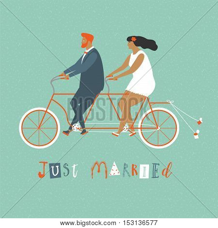 Young newlywed couple riding a bicycle, going to honeymoon. Just married couple illustration in vector. Just married sign and cans attached to bicycle.