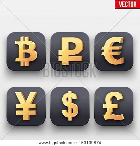 Money luxury icon. Major Currencies Gold Symbol on dark backdrop with shadow. Vector Illustration Isolated on background