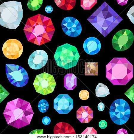 Gem seamless pattern. Vector jewels gemstone on black background