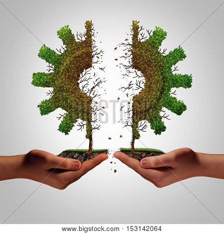 Business failure and partnership separation as human hands rearing apart a tree shaped as an industry gear symbol as a corporate metaphor for financial split and economic division resulring in weakness with 3D illustration elements.