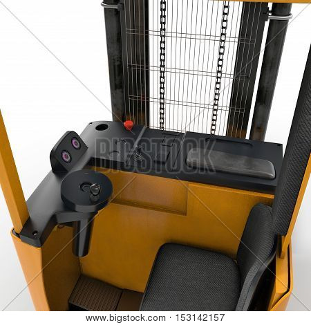Modern forklift truck with plastic pallet isolated on white background. 3D illustration