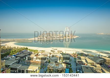 Dubai, UAE - OCTOBER 06, 2016: Bluewaters island construction in Dubai, UAE on October 06, 2016. Located off Jumeirah Beach Residence it will be the world's largest Ferris wheel, The Dubai Eye.