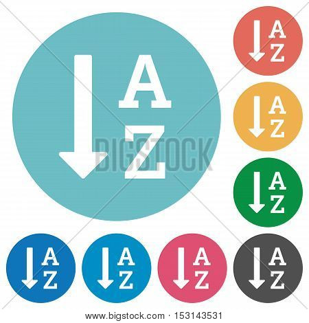 Alphabetically descending ordered list flat white icons on round color background.