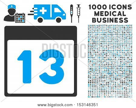 Blue And Gray Thirteenth Calendar Page glyph icon with 1000 medical business pictograms. Set style is flat bicolor symbols, blue and gray colors, white background.