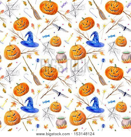 seamless pattern with pumpkin jack-o'-lantern, lollipop,broom,candle,broom,tree,autumn leaves and candy.halloween.watercolor hand drawn illustration.white background.