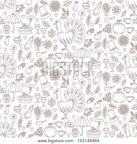 Thanksgiving day doodles cute seamless vector pattern with tirkey and harvest symbols