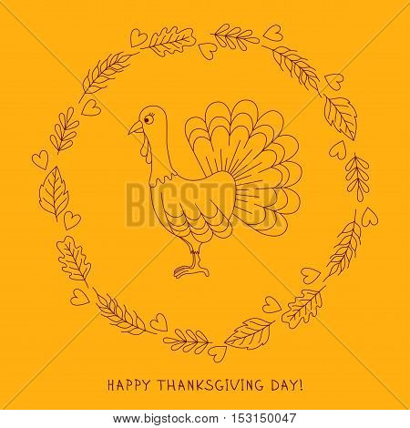 Doodle cute turkey in floral lefs oak round frame thanksgiving day illustration