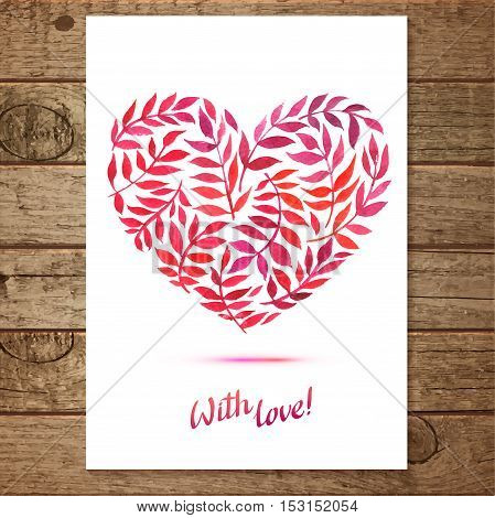 Vector red leaf heart frame.  Colorful floral card with leaves, drawing watercolor. Spring or summer design for invitation, wedding or greeting cards