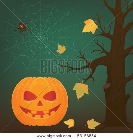 Vector illustration for halloween holiday. Terrible pumpkin with big teeth web with spider and dark tree with yellow autumn lives