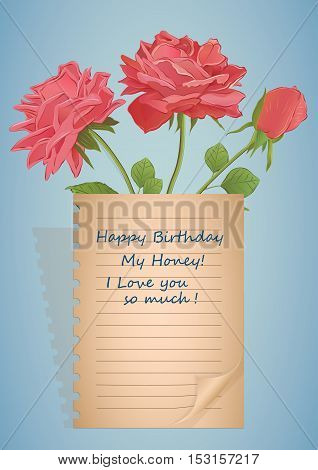 Vector illustration of red roses. Greeting card template with old piece of paper