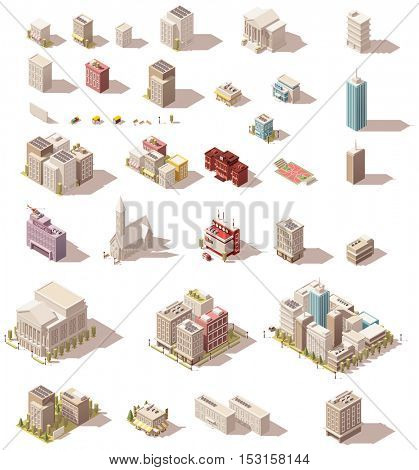 Vector isometric low poly buildings set