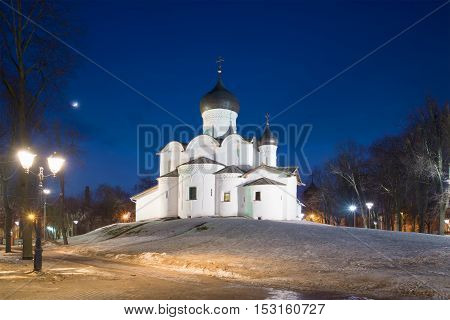 Basil the Great Church on the Hill on february night. Pskov, Russia