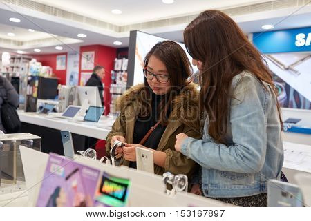 HONG KONG - CIRCA JANUARY, 2016: inside an electronic store at a shopping center in Hong Kong. Shopping is a widely popular social activity in Hong Kong.
