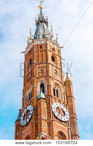 Bell tower of saint Matin cathedral in Landshut town, Germany