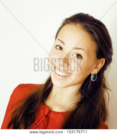 young pretty taned girl close up portrait smiling confident brunette warm, lifestyle real people concept