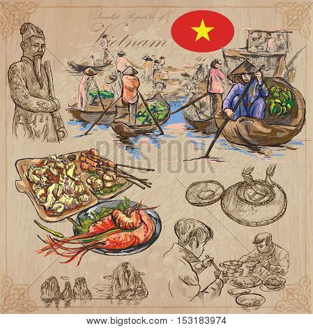 Travel series VIETNAM. Socialist Republic of Vietnam. Pictures of Life. Colored vector collection of an hand drawn illustrations. Line art set. Pack of hand drawn colored illustrations. Sketches.