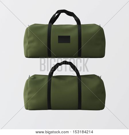 Sport fashion green bag with black handles isolated at the white background.Highly detailed texture materials in square photo.Empty mockup label on front side.Double sided mock up.3D rendering.