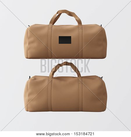 Sport fashion bag of brown color with handles isolated at the white background.Highly detailed texture materials in square photo.Empty mockup label on front side.Double sided mock up.3D rendering.