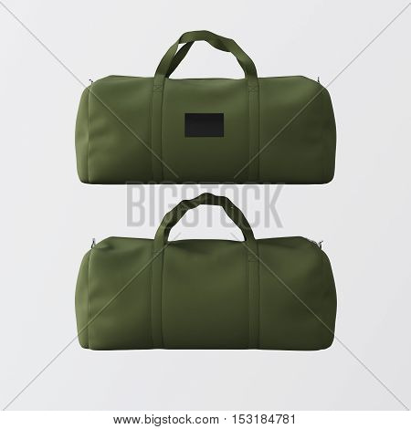 Sport fashion bag of green color with handles isolated at the white background.Highly detailed texture materials in square photo.Empty mockup label on front side.Double sided mock up.3D rendering.