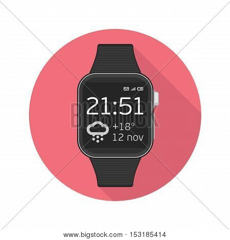 Smart watch sign icon whit long shadow. Modern wrist digital watches with watch app. Icon on red background.