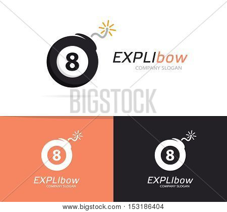 Vector logo combination of a billiard ball and bomb. Explosion and number logo. Billiard ball and bomb symbol or icon. Unique snooker and destruction logo design template. Creative black ball bomb logo.