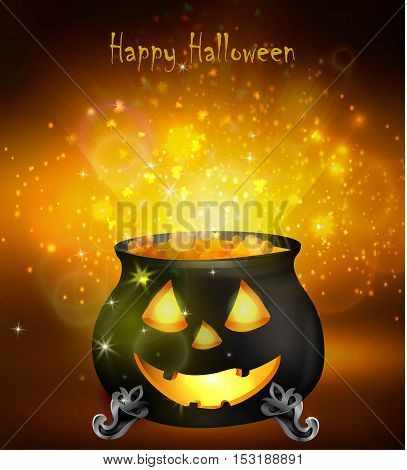 Halloween witches cauldron with Jack O Lantern face yellow potion on dark background, illustration.