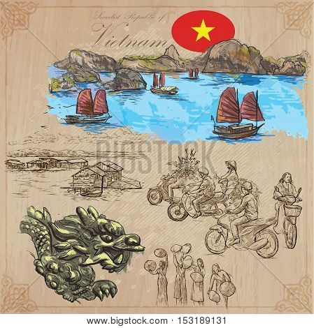 Travel series VIETNAM. Socialist Republic of Vietnam. Pictures of Life. Colored vector collection of an hand drawn illustrations. Line art set. Pack of hand drawn colored illustrations. Sketches.