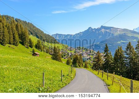 Beautiful Swiss mountain valley landscape with trail.