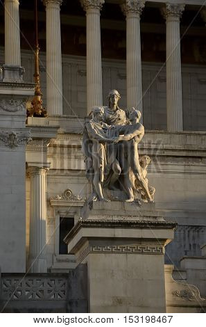 Details of monument and Statues at the Vittoriano Emanuele Monument in central Rome at sunset. Altar of the fatherland..