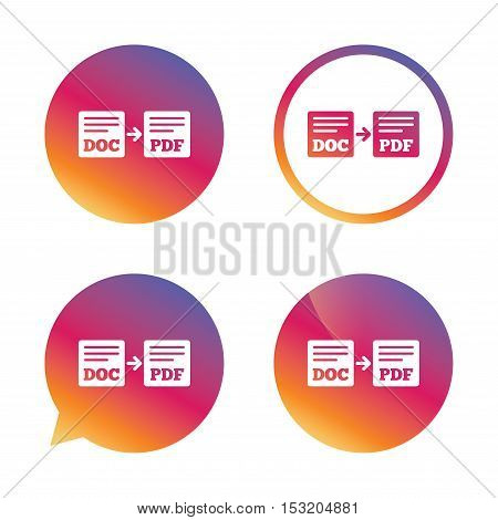 Export DOC to PDF icon. File document symbol. Gradient buttons with flat icon. Speech bubble sign. Vector