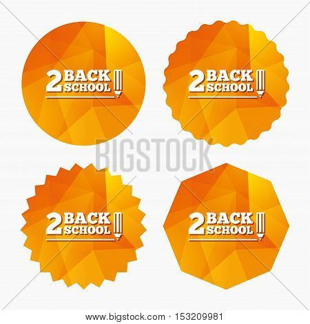 Back to school sign icon. Back 2 school pencil symbol. Triangular low poly buttons with flat icon. Vector
