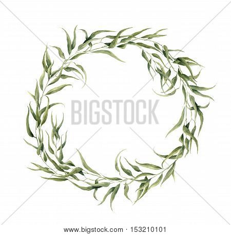 Watercolor floral wreath with eucalyptus leaves. Hand painted floral wreath with branches, leaves of eucalyptus isolated on white background. For design or background.