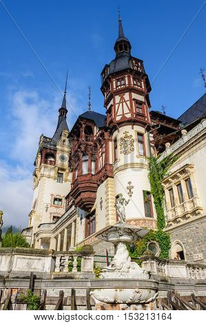 Beautiful Peles castle and ornamental garden in Sinaia, Romania, between Valachia and Transylvania
