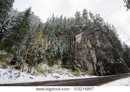 Mountain road in Bicaz Canyon, Romania, at later autumn. Canyon is one of the most spectacular roads in Romania.