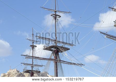 foreground of mast and crows nest of a ship with sky in the background