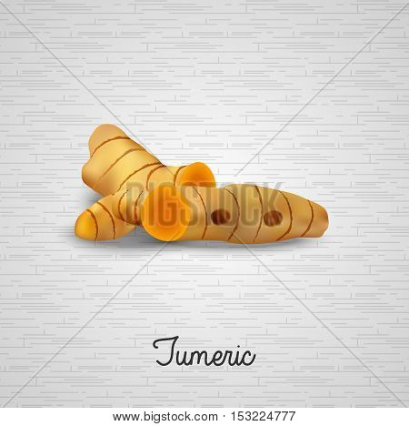 Illustration of  sliced Tumeric plants on texture wooden background