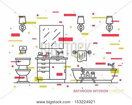 Bathroom with sink bowl bathtub vector line art illustration. Line graphic design of bathroom. Creative concept of interior design of bathroom with lights lavatory bath and mirror.
