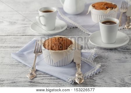 Homemade Sponge Cake With Dried Cranberries And Cup Of Coffee.selective Focus On The Sponge Cake