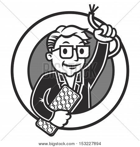 Cartoon IT-man holding a keyboard and internet cable